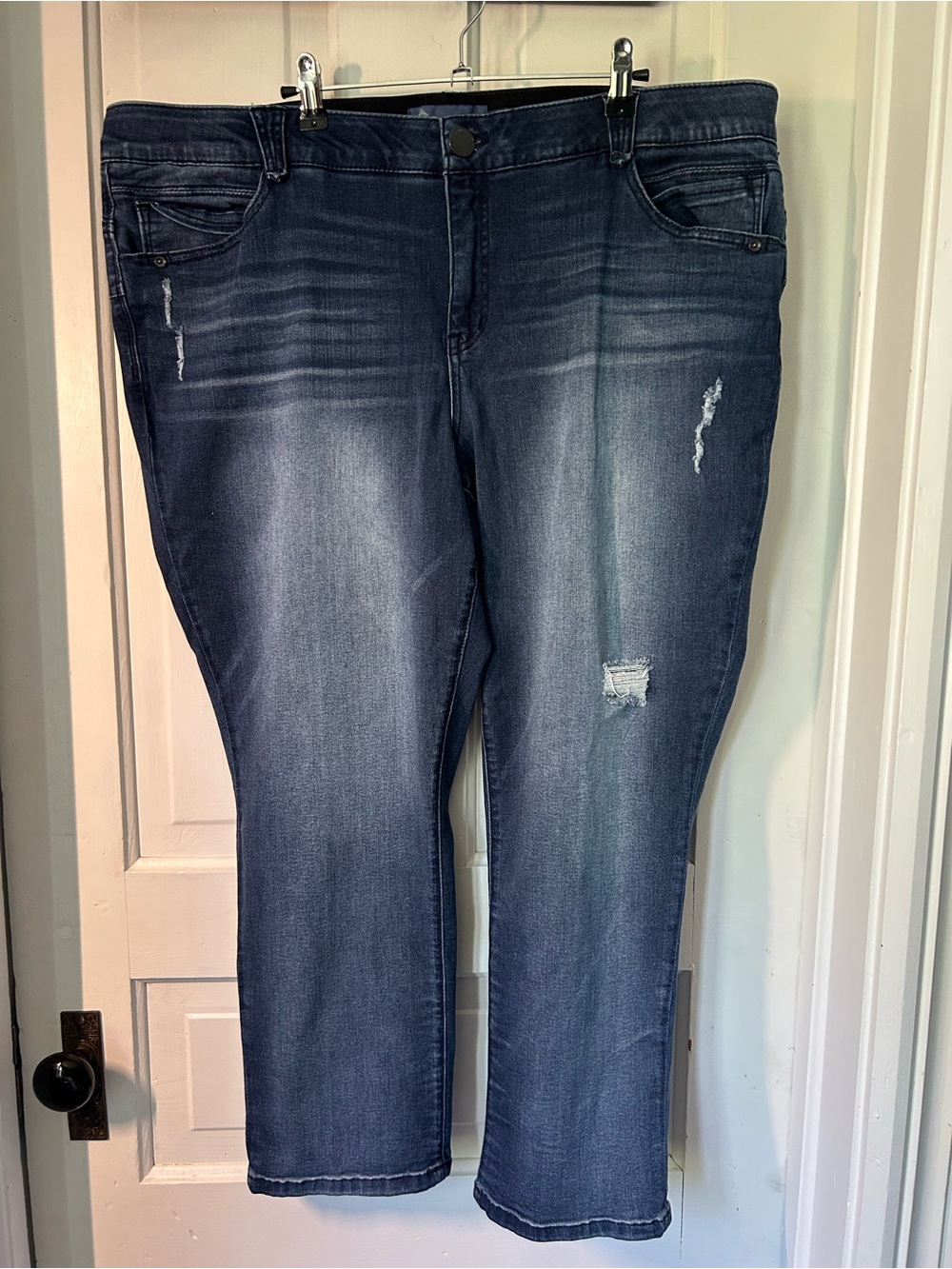 Democracy Straight Leg Jeans in Dark Blue Wash with Subtle Distressing